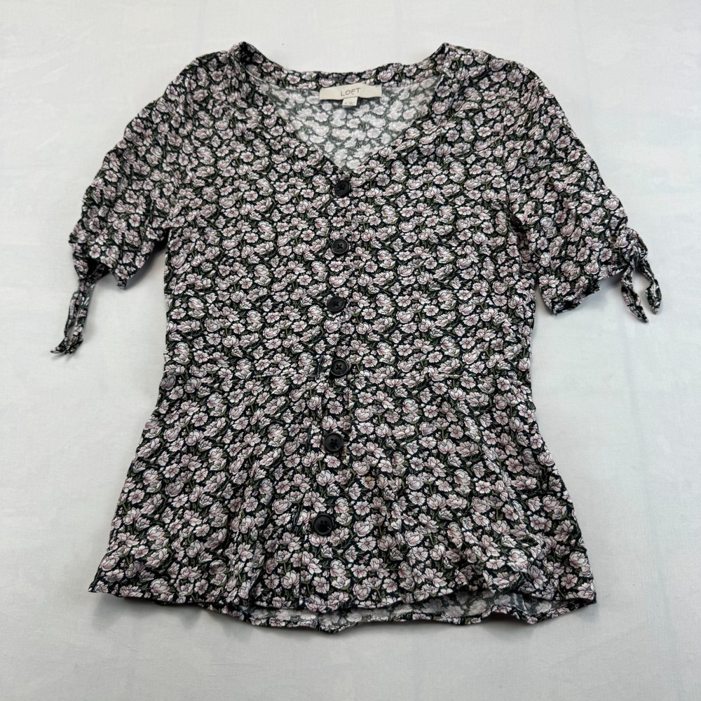 LOFT Blouse Top Womens Size 0 Black Pink Floral V-Neck Tie Sleeve Button Front